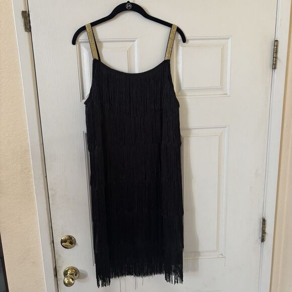 Roaring 20s Flapper Mini Dress Fringe Black Gold Size XL Party Retro‎ Cocktail - Picture 8 of 12